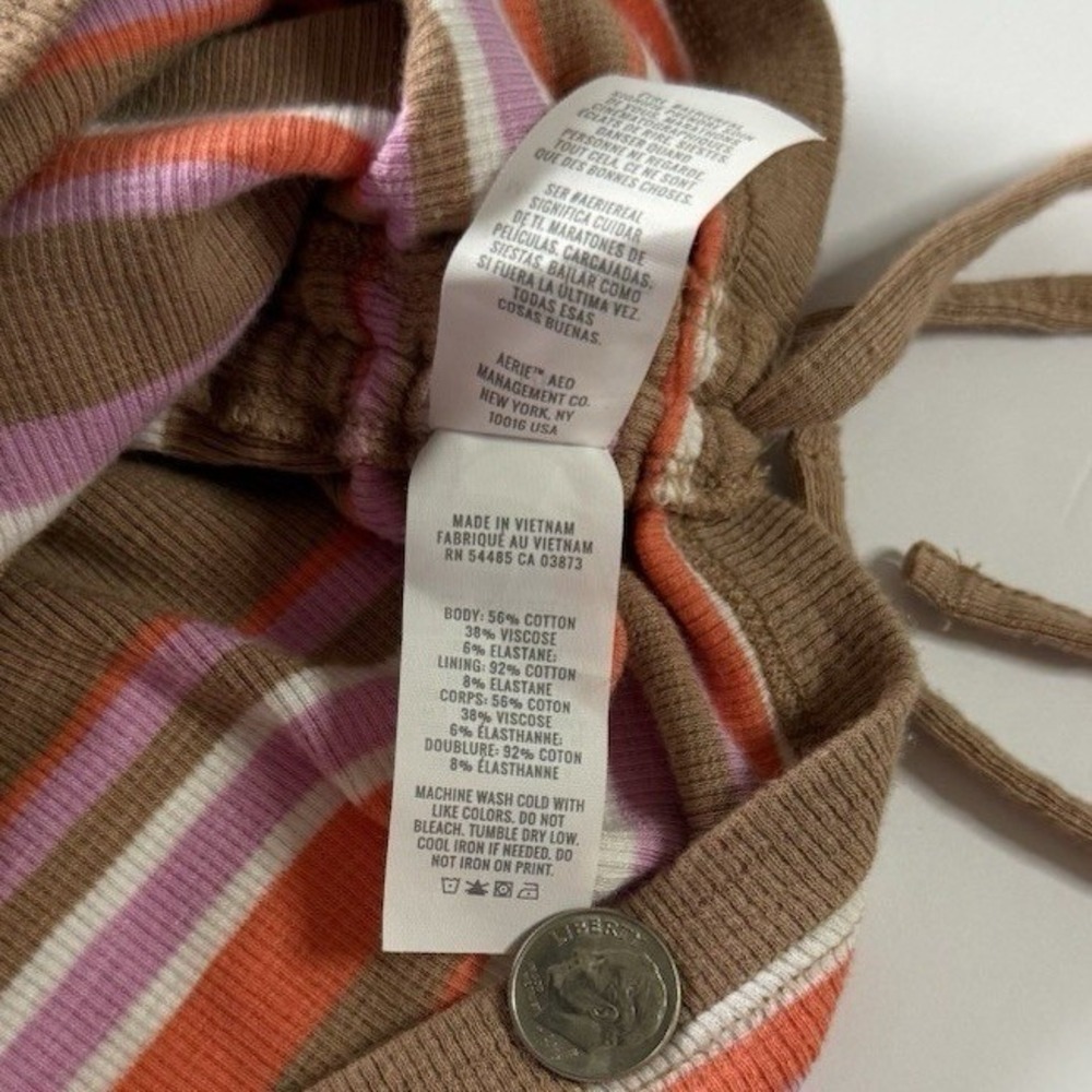 Aerie Women's Striped Crop Top Size L Pink Brown Sleeveless Tie Side Casual - Picture 6 of 8